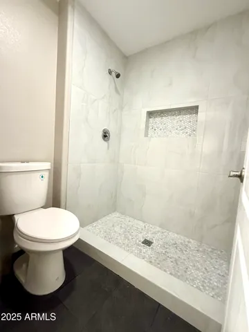 a bathroom with a toilet and a shower