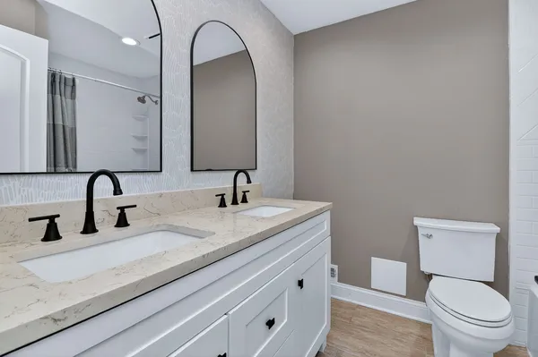 a bathroom with a toilet a sink and mirror