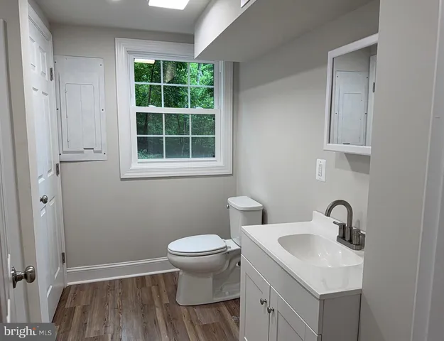 a bathroom with a sink a light fixture and a toilet