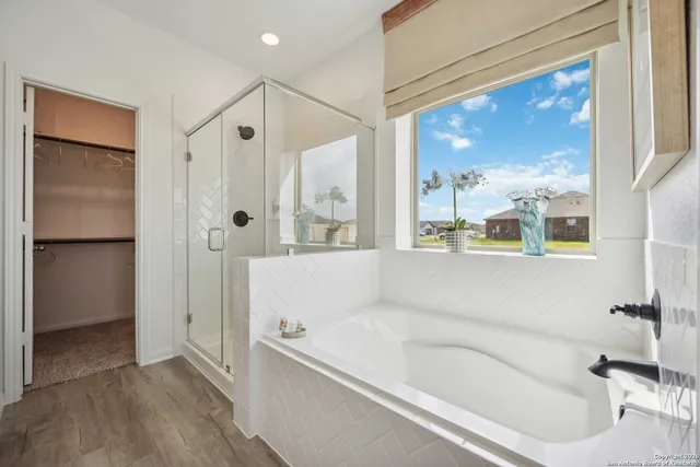 a bathroom with a bathtub and a shower