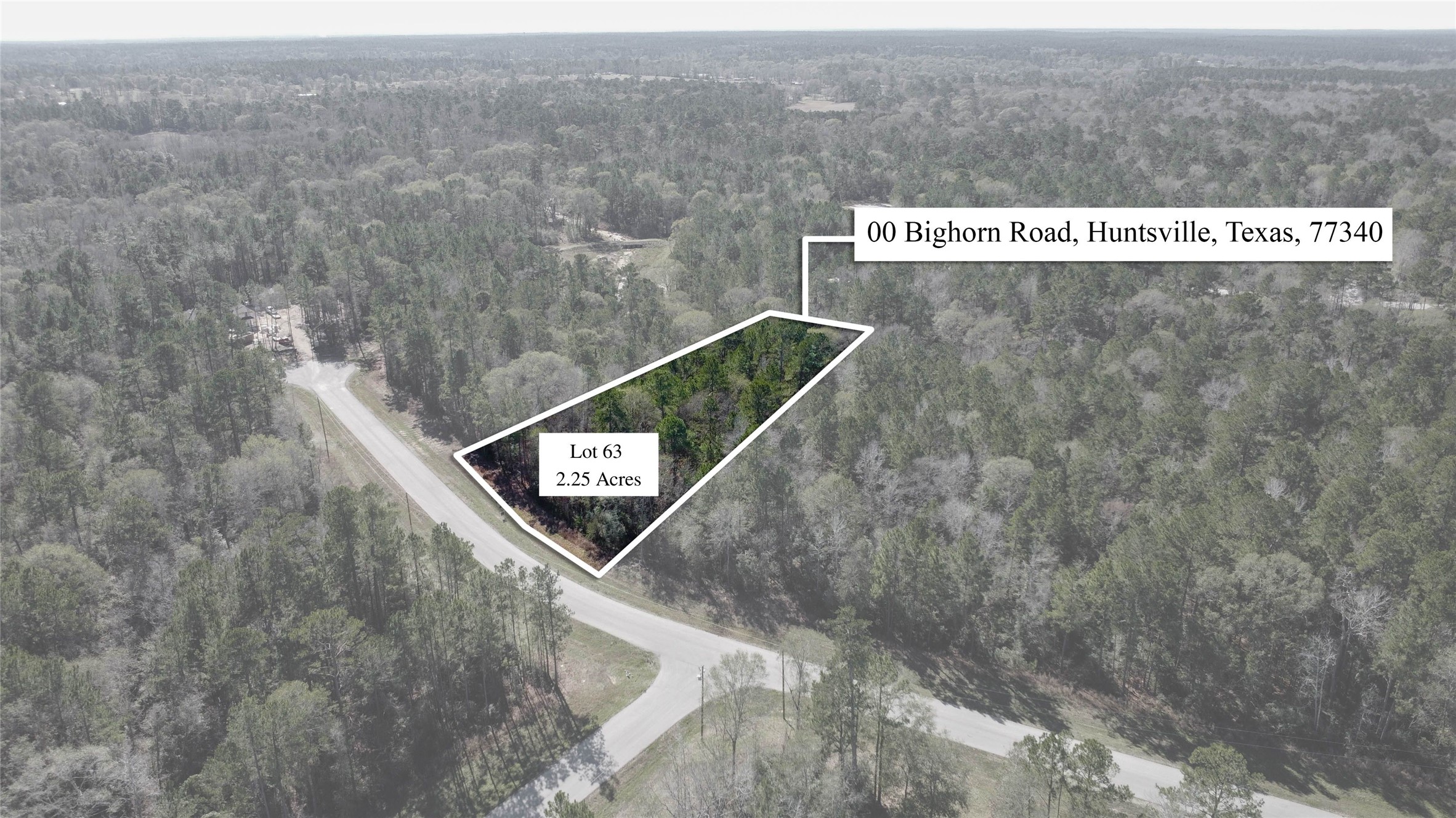 0 Bighorn Road Huntsville, TX 77340 - Photo 2 of 22 Outlined in white for illustrative purposes only, this aerial view offers an estimated depiction of the 2.25-acre lot at 00 Bighorn Road. Surrounded by dense forest, the parcel provides level terrain, natural privacy, and paved road frontage an ideal setting for a custom home in the scenic Texas Grand Ranch community.
