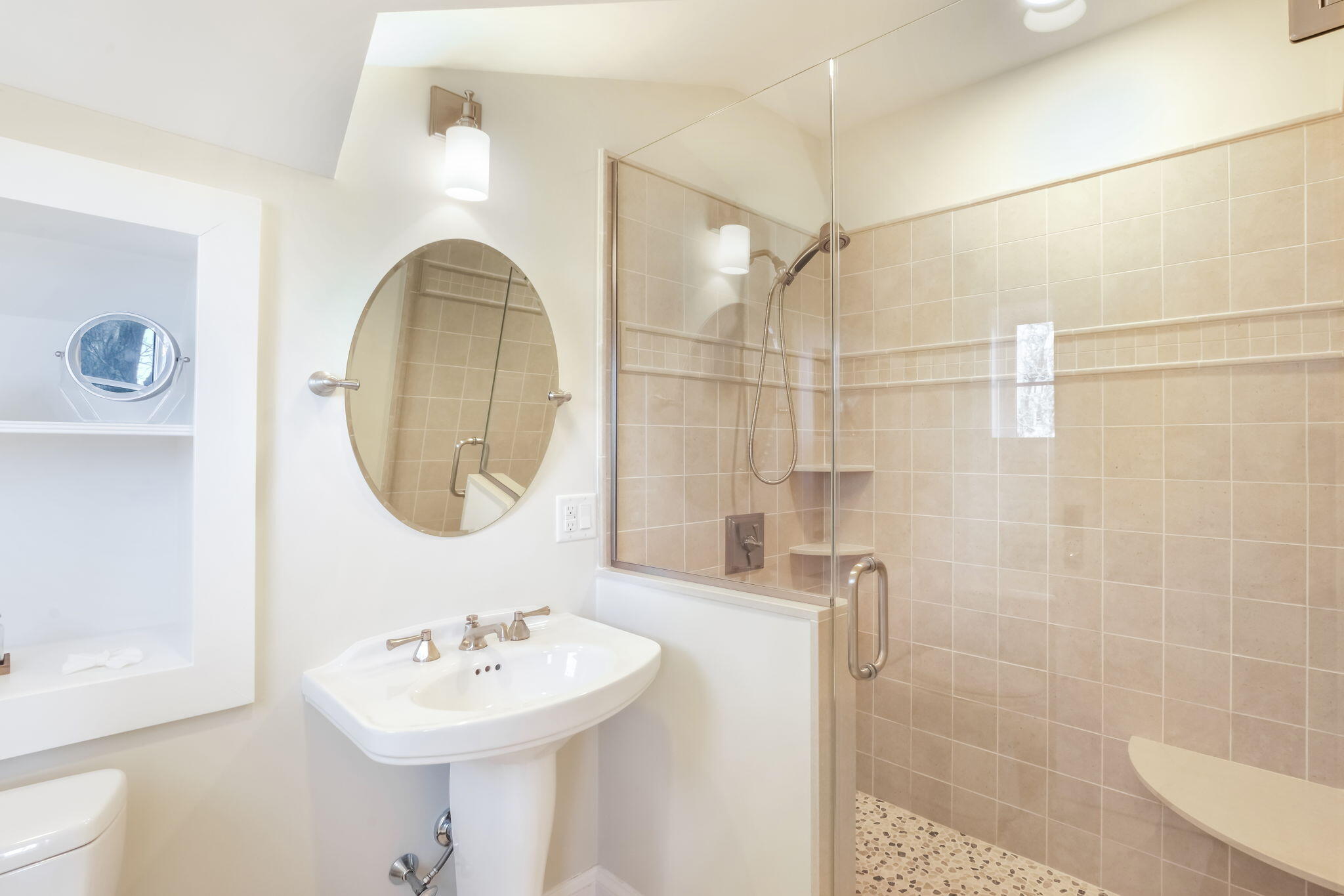 71 Sand Point Osterville, MA 02655 - Photo 36 of 45 a bathroom with a sink a mirror a vanity and a shower