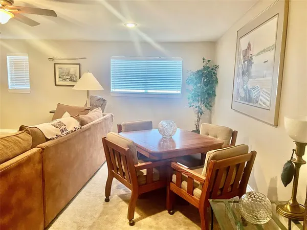 a view of a dining room with furniture