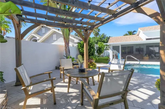 a view of a patio with a table and chairs