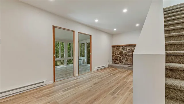 a view of a wooden roof deck