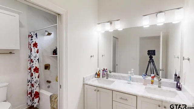 a bathroom with a sink vanity and a mirror