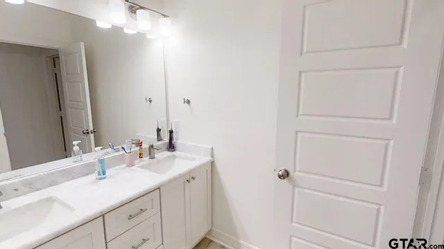 a bathroom with a sink and a mirror