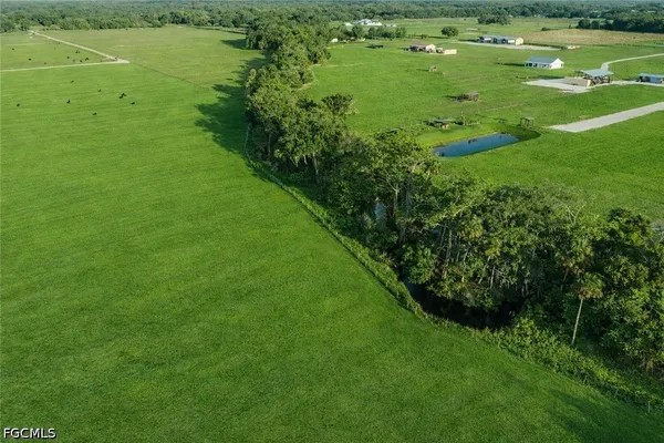 a view of a green field with a lake