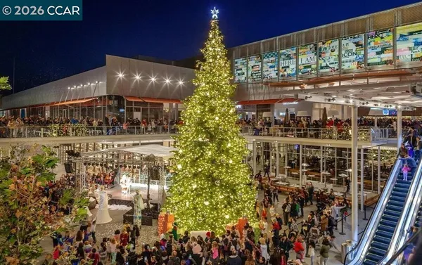 a front view of a building with street view and trees