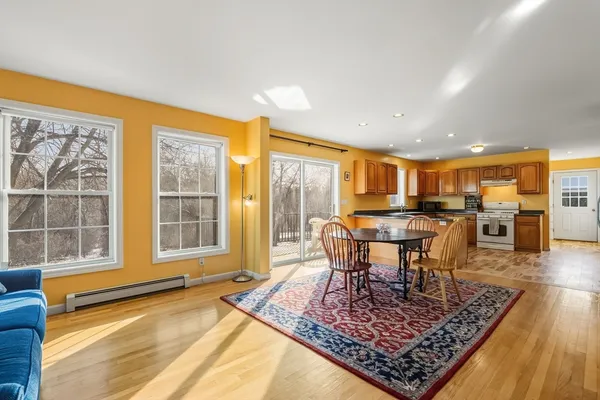 a view of a dining room with furniture window and wooden floor