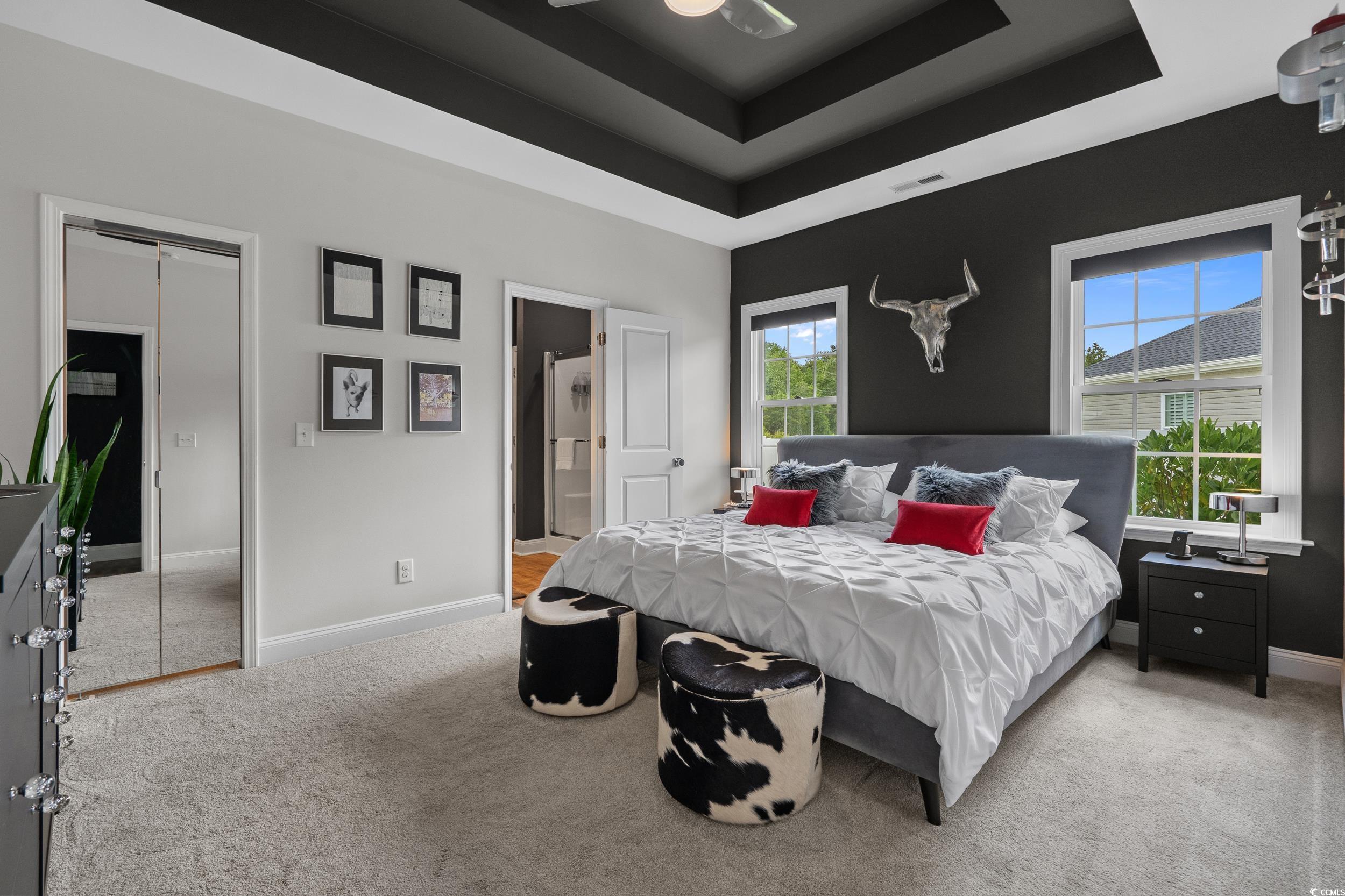 752 Hobonny Loop Longs, SC 29568 - Photo 17 of 40 Carpeted bedroom with a tray ceiling and ensuite bathroom