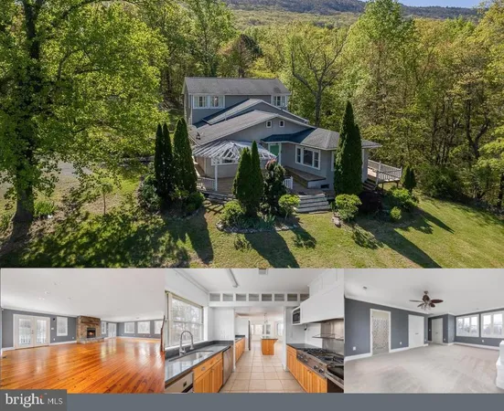 an aerial view of a house with swimming pool and large trees
