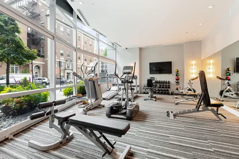 a view of a dining hall with couches potted plants and a dining table with garden view