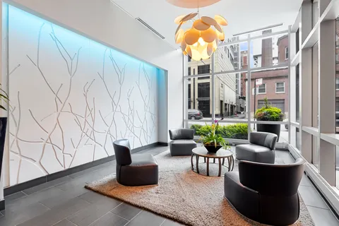 a living room with furniture and a potted plant
