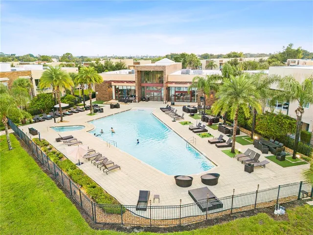 swimming pool view with a garden space