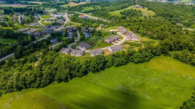 an aerial view of residential houses with outdoor space and trees