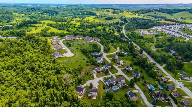 an aerial view of residential houses with outdoor space and trees