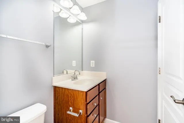 a bathroom with a sink vanity and a mirror