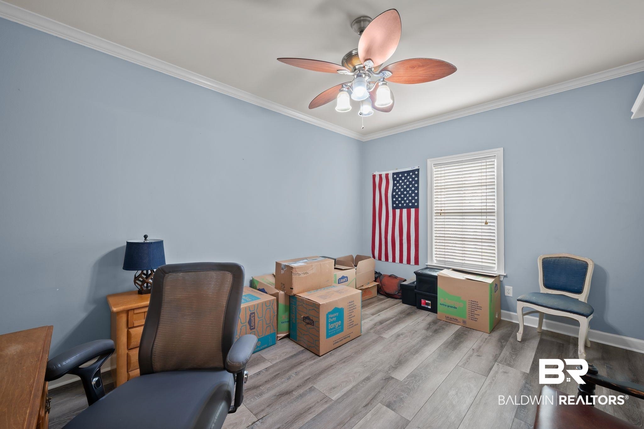 9837 Harmony Ridge Drive Semmes, AL 36575 - Photo 20 of 29 Home office with light wood-style flooring, ornamental molding, and a ceiling fan