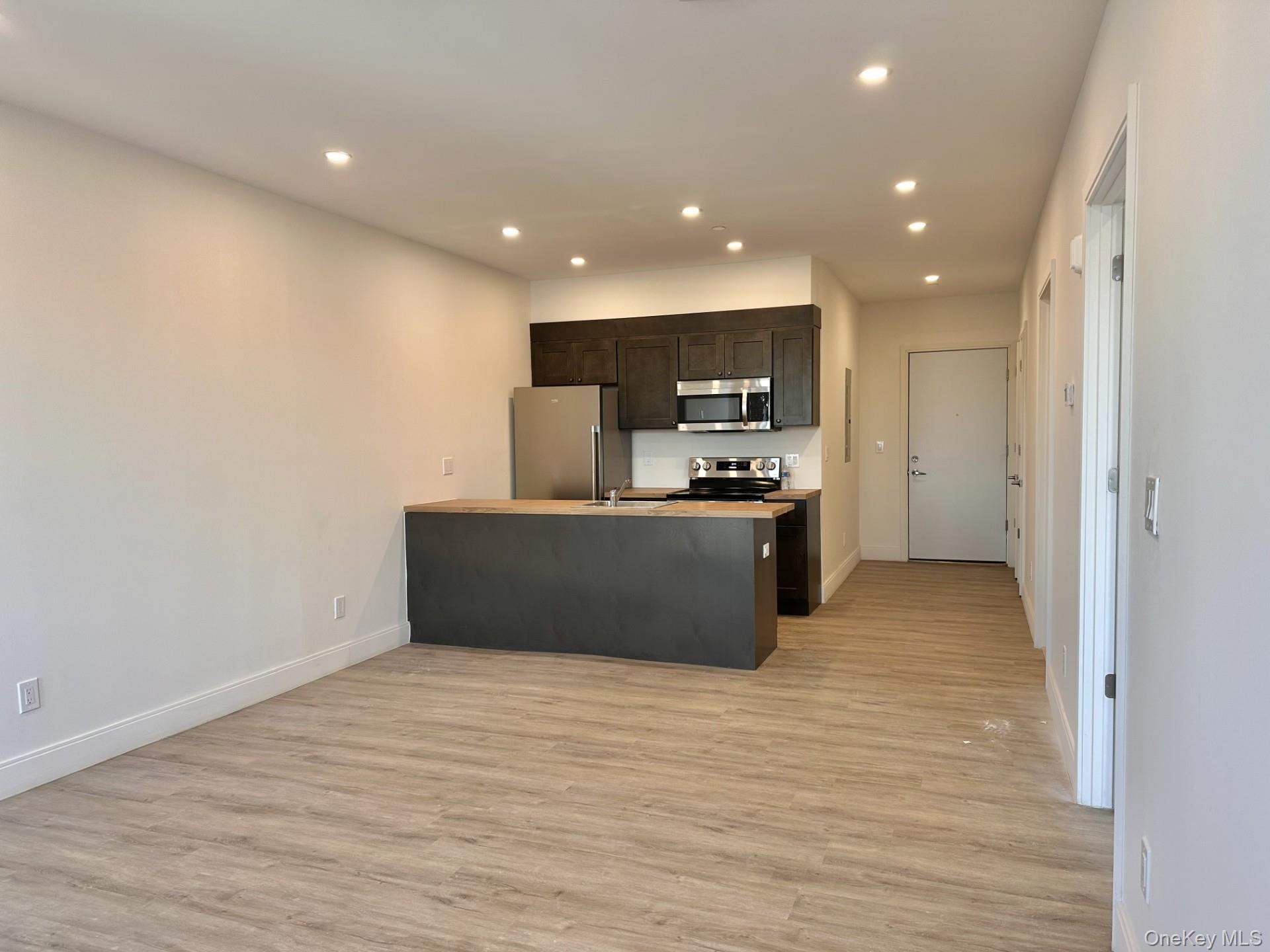362 West Merrick Road, Unit 201 Valley Stream, NY 11580 - Photo 3 of 6 Kitchen featuring a peninsula, recessed lighting, stainless steel appliances, dark brown cabinetry, and light wood finished floors