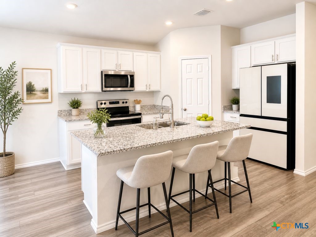 1507 Merritt Road Temple, TX 76504 - Photo 2 of 15 a kitchen with stainless steel appliances granite countertop a dining table chairs refrigerator and sink