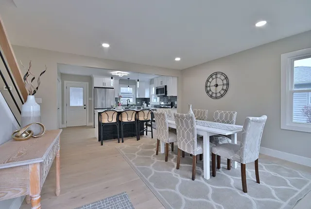 a view of a dining room with furniture