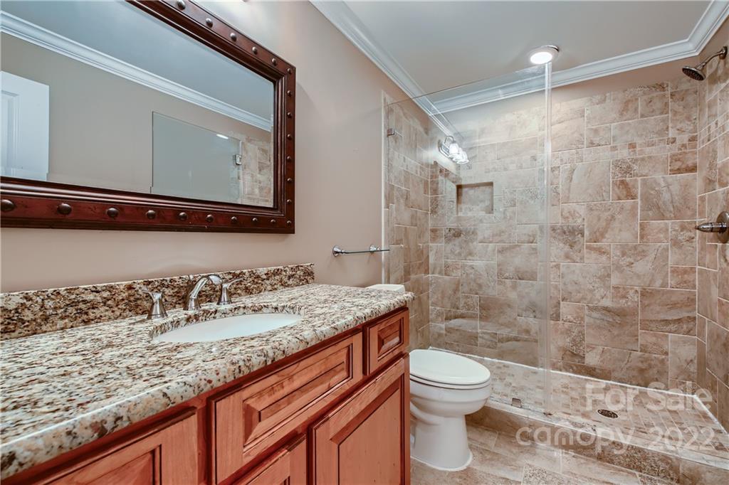 7653 Juniper Lane Denver, NC 28037 - Photo 22 of 28 a bathroom with a granite countertop sink toilet a mirror and shower