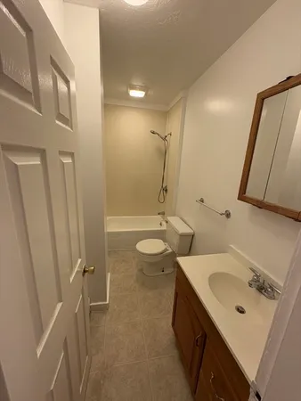 a bathroom with a double vanity sink toilet mirror and shower