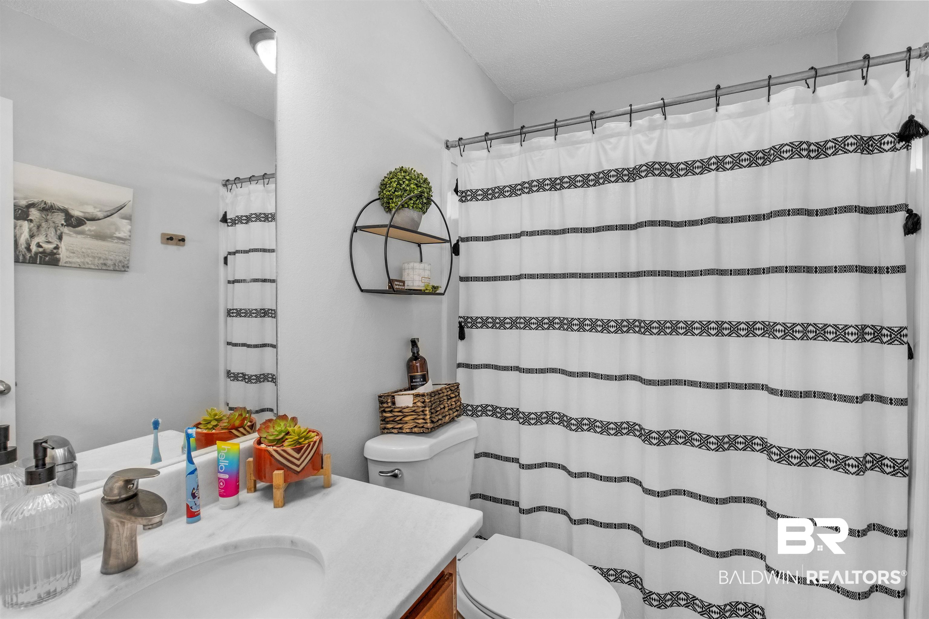 4950 Clealand Court Mobile, AL 36695 - Photo 13 of 20 Bathroom with curtained shower, vanity, and toilet