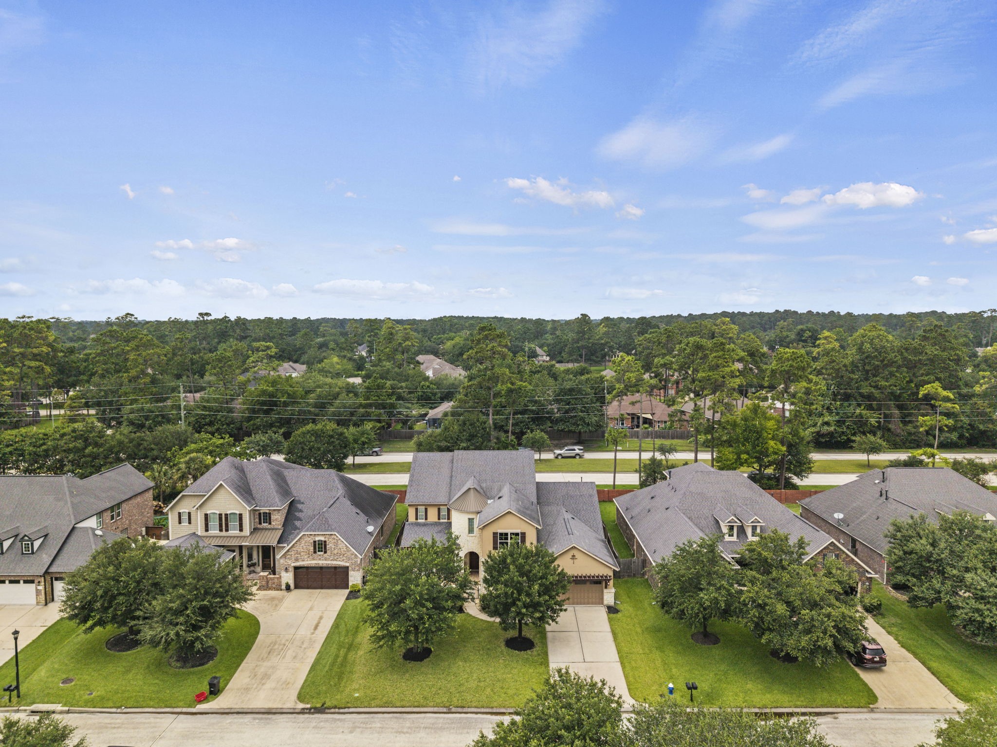 14215 Spindle Arbor Road Cypress, TX 77429 - Photo 46 of 47 This photo showcases a suburban neighborhood with well-maintained, spacious homes featuring large driveways and manicured lawns. The area is surrounded by lush greenery and trees, providing a serene and picturesque setting.