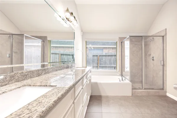 a spacious bathroom with a granite countertop tub sink and shower