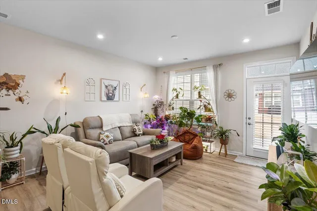 a living room with furniture and a potted plant