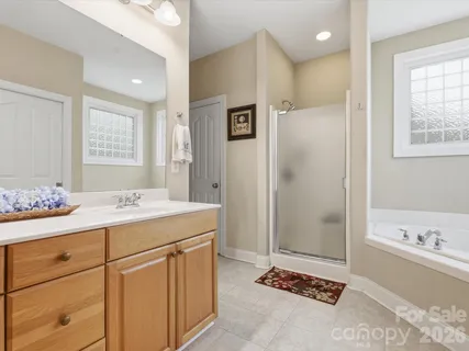 a bathroom with a tub sink and mirror