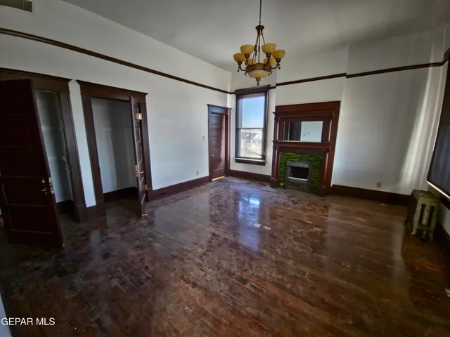 a living room with a fireplace