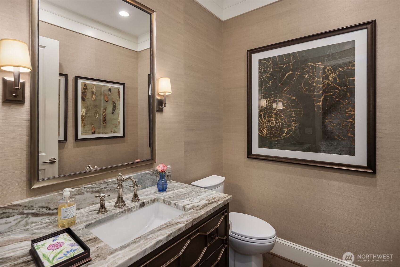2409 Evergreen Point Road Medina, WA 98039 - Photo 11 of 40 a bathroom with a granite countertop sink mirror and toilet