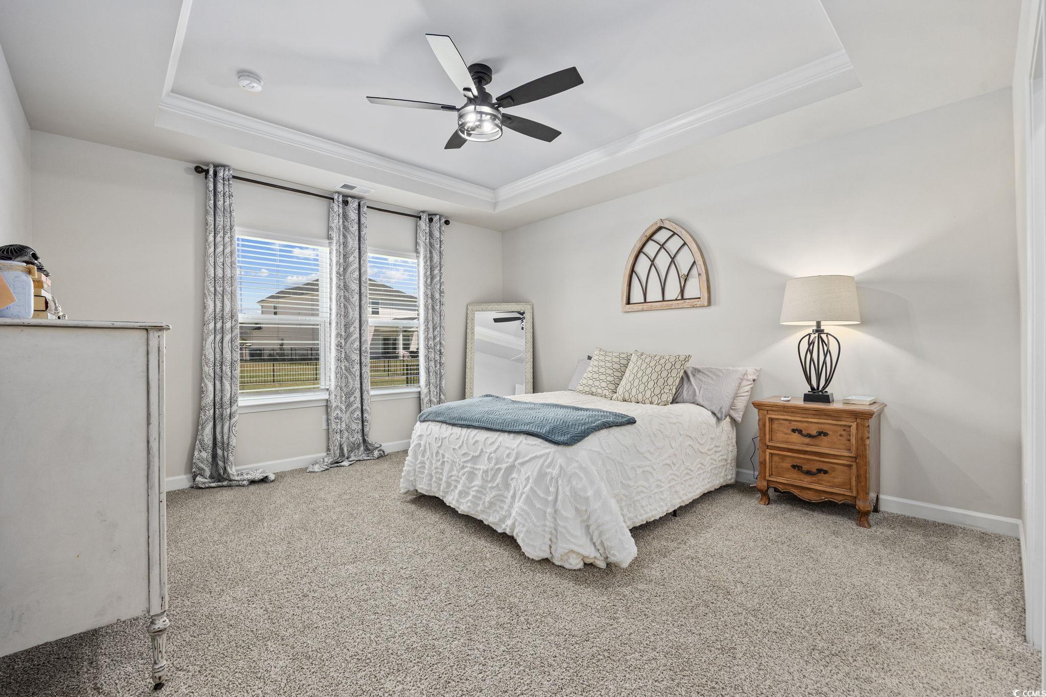 2412 Copper Mdw Loop Longs, SC 29568 - Photo 15 of 40 Bedroom with light carpet, a raised ceiling, a ceiling fan, and ornamental molding