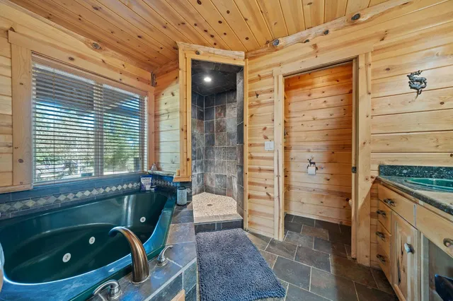 a bathroom with a tub a sink and a shower