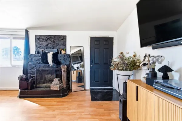 a dining room with fireplace
