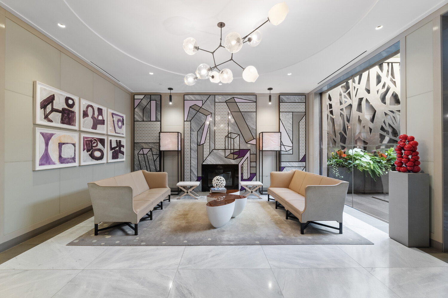 21 East 61st Street, Unit 8F Manhattan, NY 10065 - Photo 20 of 23 a living room with furniture a fireplace and a chandelier