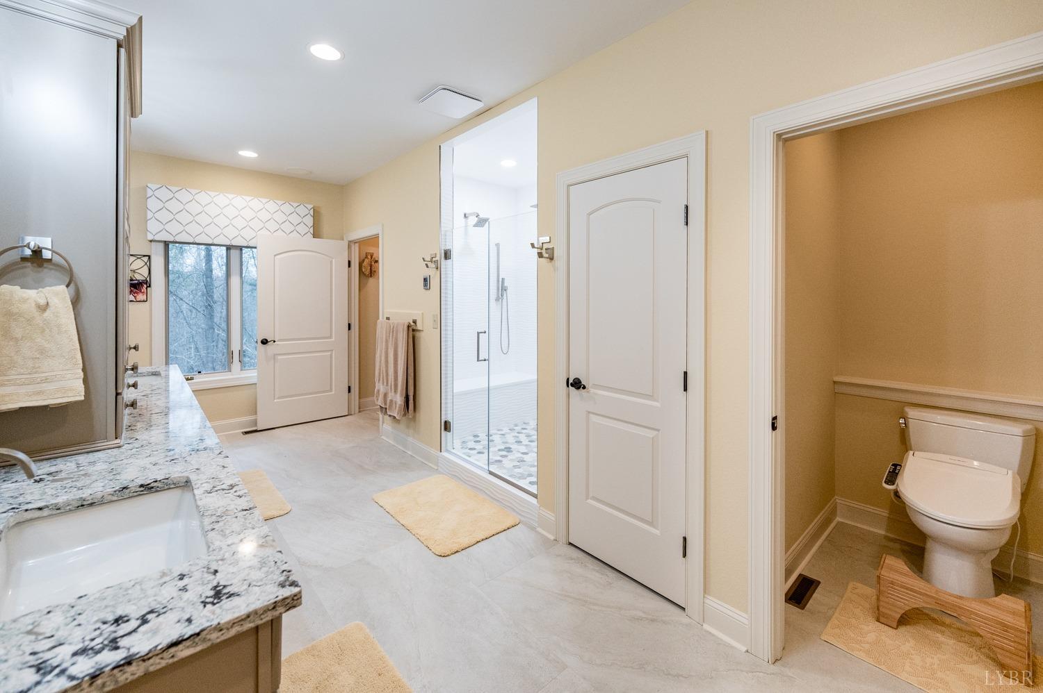 657 Cherry Hill Road Amherst, VA 24521 - Photo 35 of 91 a spacious bathroom with a granite countertop sink a toilet a mirror and shower