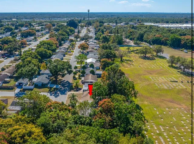 an aerial view of residential houses with outdoor space and trees