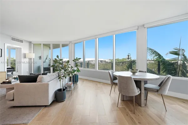 a view of a dining room with furniture window and wooden floor