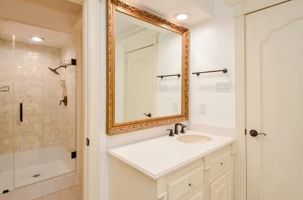 a bathroom with a sink shower and a mirror