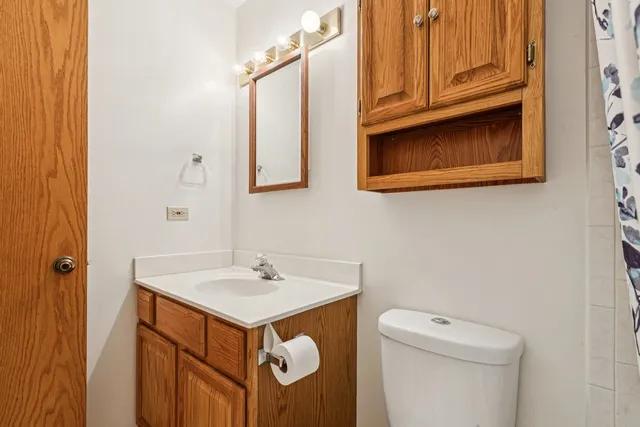 a bathroom with a sink a toilet and a mirror