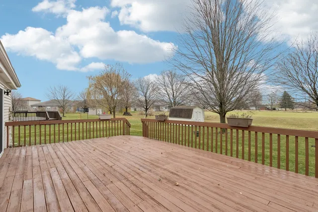 a view of a wooden deck with a large trees