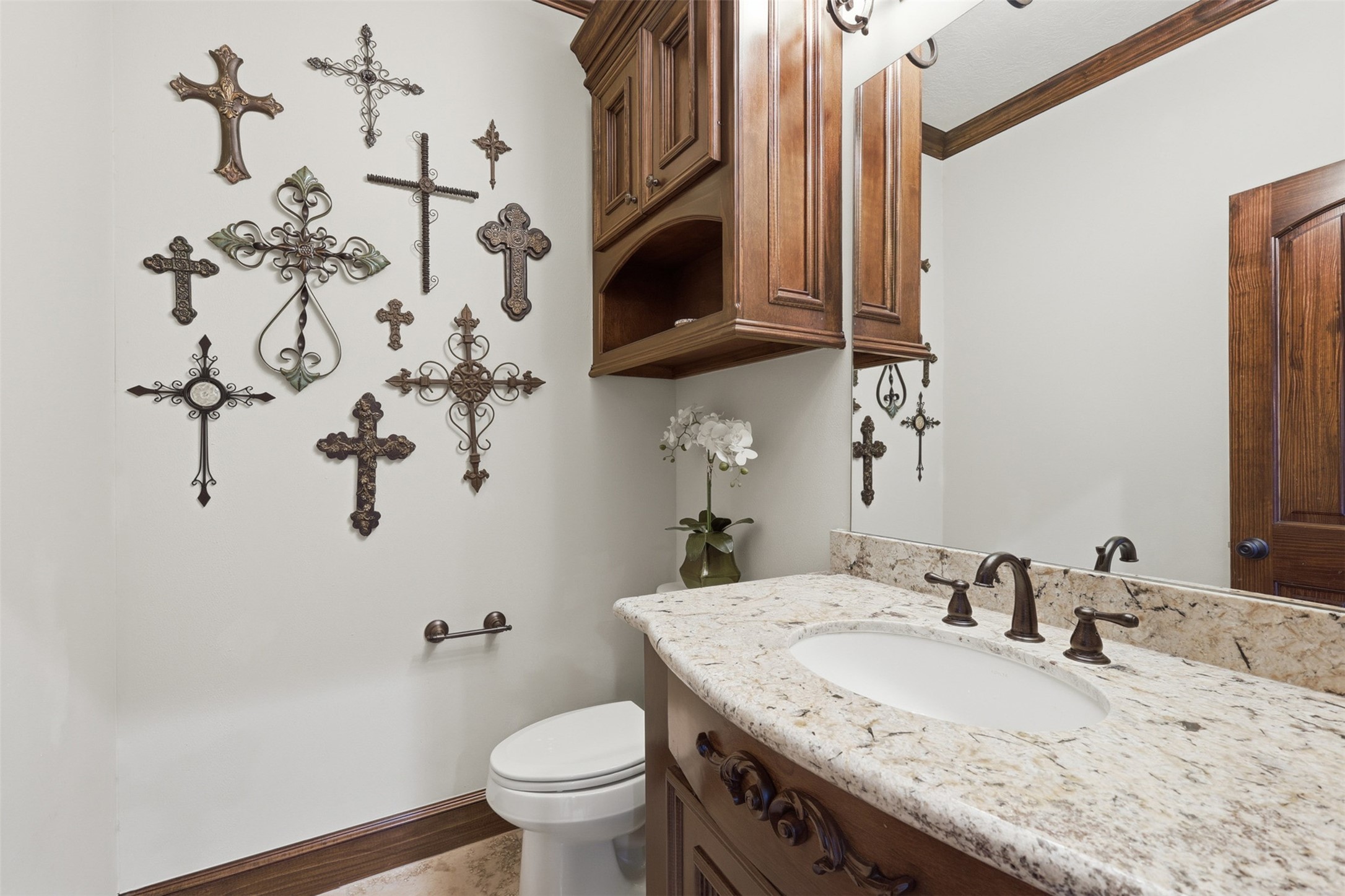 14 Post Shadow Estate Drive Spring, TX 77389 - Photo 26 of 49 a bathroom with a granite countertop sink a toilet and a mirror