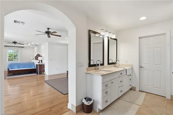 a view of a lake with a building in back