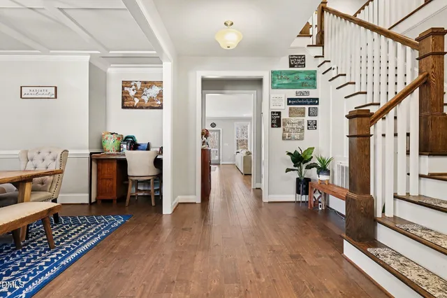a view of a dining room with furniture