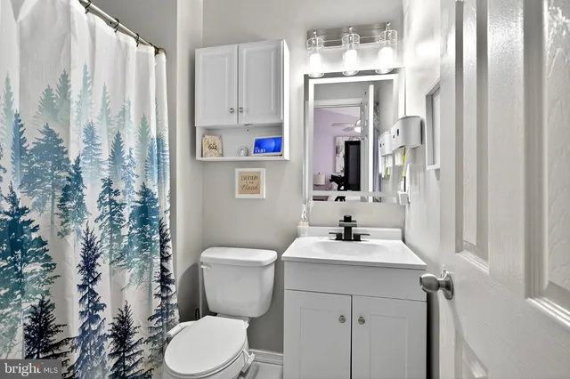 a bathroom with a sink a toilet and shower curtain
