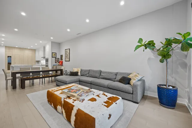 a living room with furniture and a potted plant